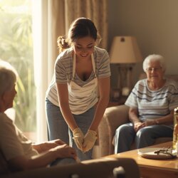 caregiver che fa le pulizie in casa mentre una coppia anziana la guarda e sorride caregiver che fa le pulizie in casa mentre una coppia anziana la guarda e sorride